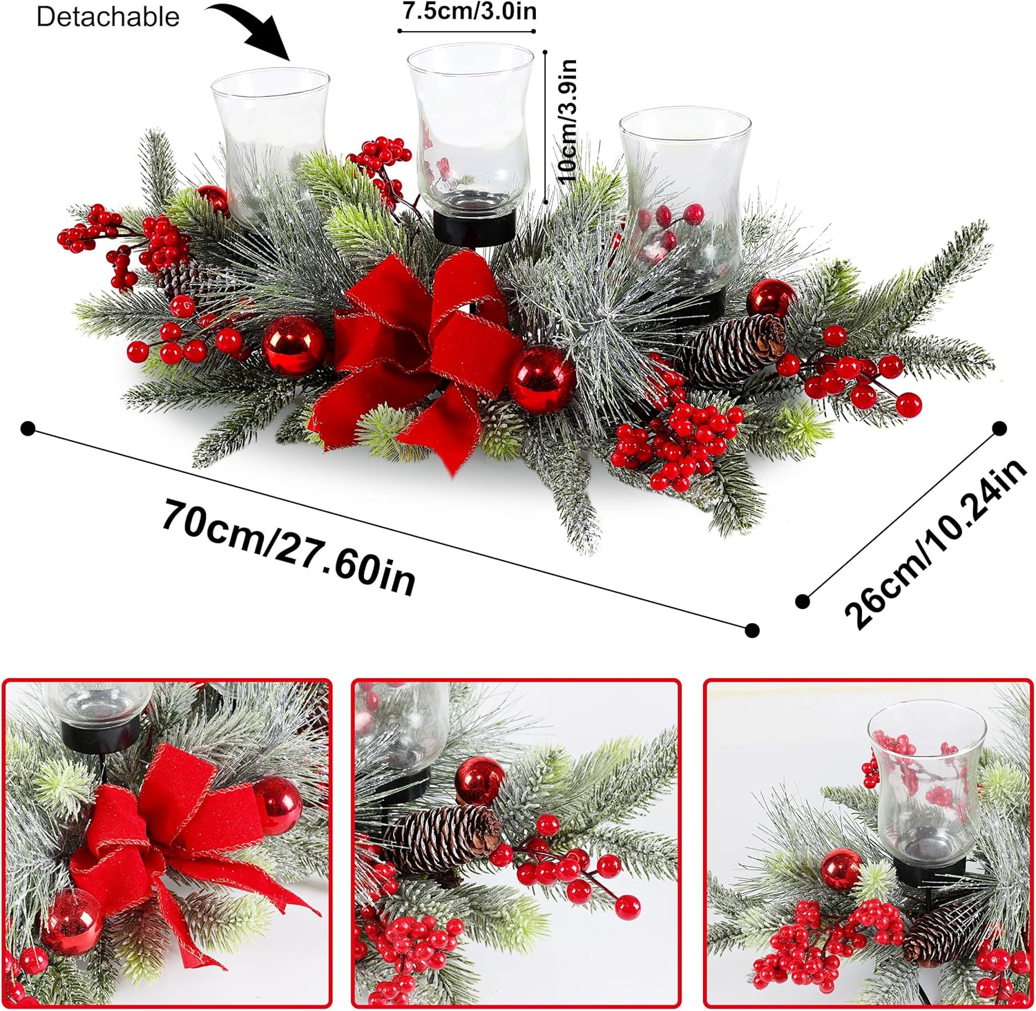 Red Christmas Table Centerpiece,Christmas Decoration Cedar with 3 Candlestick Glass Cup, Red Berry, Balls for Holiday Party, Home, Fireplace
